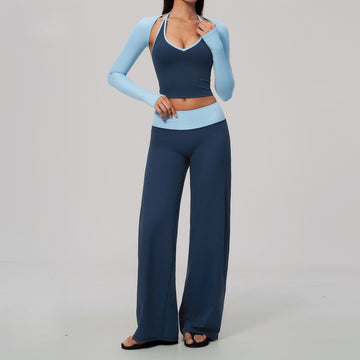 New Sports V-neck Contrasting Color Long-sleeved Blouse Yoga Three-piece Set 9639