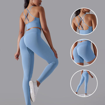 Seamless Cross Yoga Bra Running Fitness Three-piece Set
