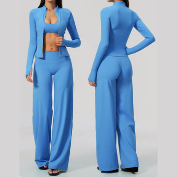 New Zipper Long-sleeved Jacket Shock-proof Bra High Waist Horn Fitness Three-piece Set 5558