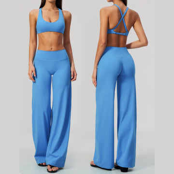 New Cross-hollowed Bra Belly High Waist Peach Hip Flared Pants Outdoor Sports Yoga Set 5558