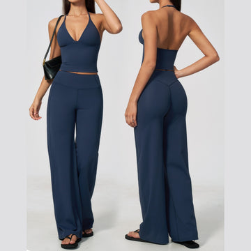 New Deep V Neck Vest Breathable Fashion Micro-pull Pants Fitness Set 5575