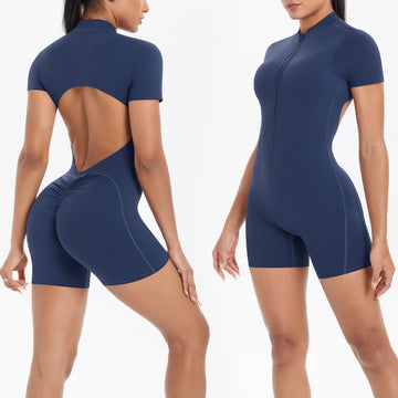 Hollow Back Short Sleeve Zipper Onesie Peach Hip Sports Fitness Chest Pad Yoga Clothes