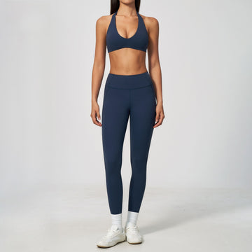 New Neck Deep V Gathering Bra High Waist Hip Leggings Sports Set 5575