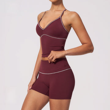 New V-neck Neck Vest Belly High Waist Shorts Outdoor Sports Fitness Yoga Set 9615