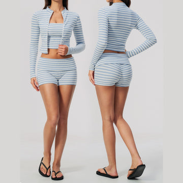 New Striped Sports Three-point Pants Breathable Fitness Clothes Three-piece Set 4556
