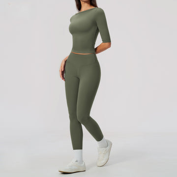 Fashion Medium Sleeve T-Shirt Yoga Clothing Skinny Pilates Training High Waist Peach Buttocks Sports Fitness Set 8793