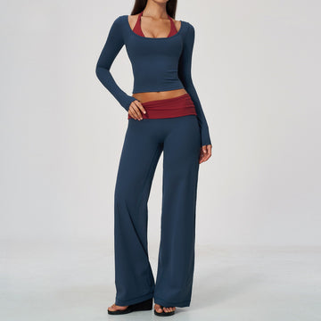 Long-sleeved Contrasting Color High-waisted Belly-lifting Pants Sports Quick-drying Fitness Set 2585