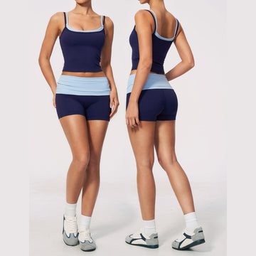 Naked Contrasting Colors Fake Two Pieces High Waist Hip Lift Fitness Yoga Set 2570