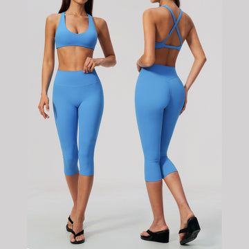 New V-neck Cross Back Bra High Waist Hip Cropped Pants Sports Set 5558