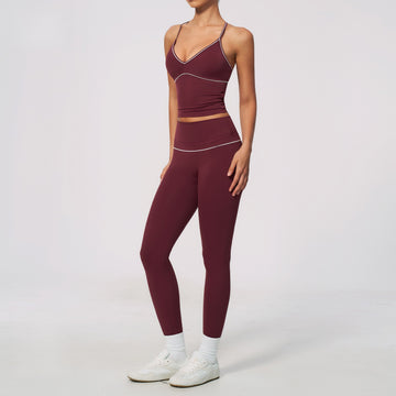 New V-neck Contrasting Color Neck Vest Tight Breathable Hip Leggings Fitness Set 9615