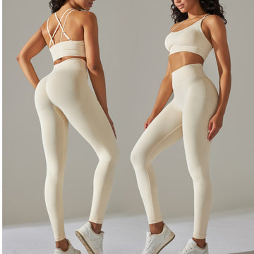 Seamless Knitted Back Sports Bra Belly High Waist Hip Leggings Yoga Set