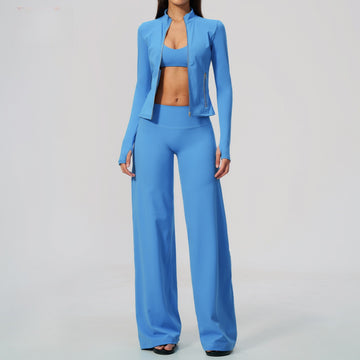 New Zipper Long-sleeved Jacket Shock-proof Bra High Waist Horn Fitness Three-piece Set 5558