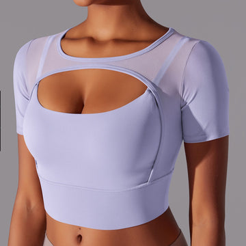 Sexy Double-layer Stitching Mesh Short-sleeved Gather Running Fitness Top