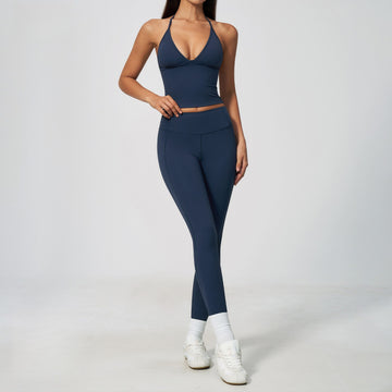 New Shockproof Gathering Bra High Elastic Abdomen and Hip Pants Yoga Set 5575
