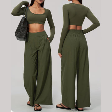 New Long-sleeved Casual Fashion and Thin Wide-leg Fitness Sports Set 9599