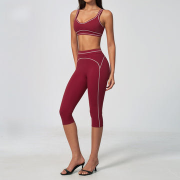 New Contrasting Color Shockproof Gathering Bra High Waist Belly Leggings Yoga Set 7028