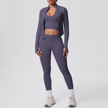 Seamless Knitted Zipper Long-sleeved Jacket Outdoor Sports Fitness Yoga Wear Three-piece Set
