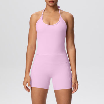 Nude Halter Yoga Tank Top Pocket Shorts Sports Fitness Set