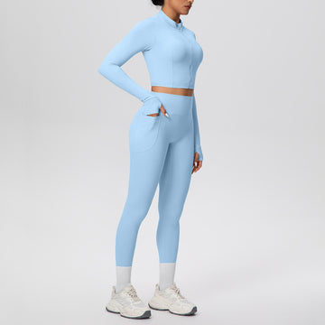 Naked Thumb Hole Zipper Long Sleeve Pocket Yoga Pants 2pcs Set