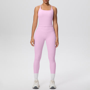 Skin-friendly I-line Beautiful Back Sports Tank with Pockets Leggings 2pcs Set