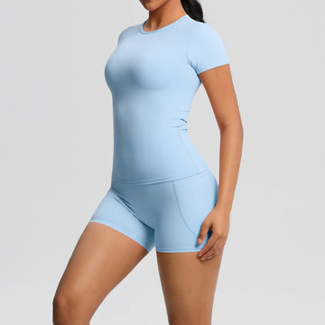 Skin-friendly Nude Tight Breathable Short-sleeved Pockets Trousers Yoga Set