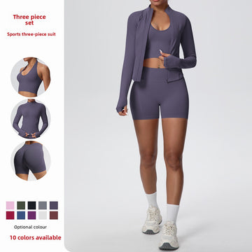 Seamless Knitted Long-sleeved Zipper Jacket Sports and Fitness Clothing Three-piece Set