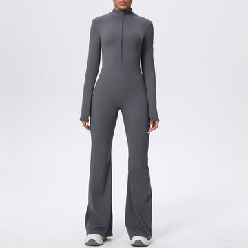 Zipper Nude Long-sleeved Yoga Flared Pants Jumpsuit
