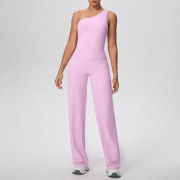 Oblique Shoulder Yoga Vest Running Loose Straight Pants Fitness Yoga Set