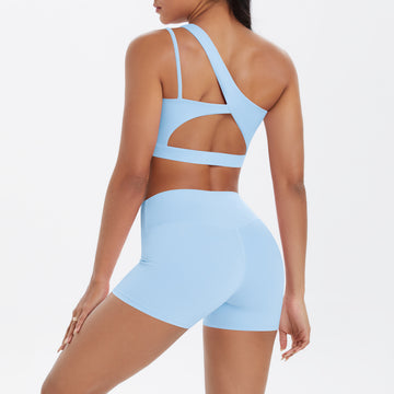 Slant Shoulder Beauty Back Yoga Bra Nude High Waist Shorts Set