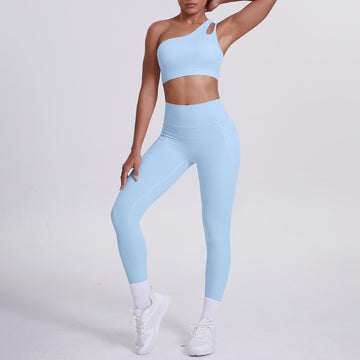 Slant Shoulder Beauty Back Yoga Bra Fitness Pocket Trousers Set