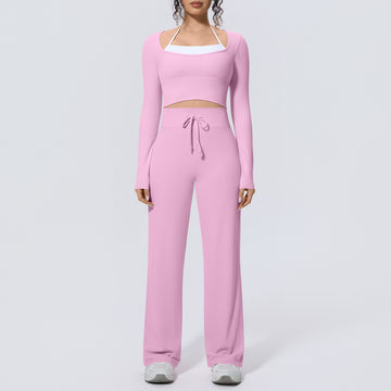 Naked Color Matching Long-sleeved Top Wide-leg Pants Fitness Clothes Yoga Set