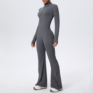Zipper Nude Long-sleeved Yoga Flared Pants Jumpsuit