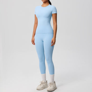 Skin-friendly Tight Sports Short-sleeve Slimming Pocket Yoga Leggings Fitness Set