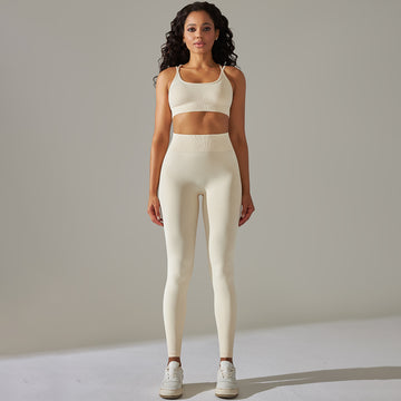 Seamless Knitted Back Sports Bra Belly High Waist Hip Leggings Yoga Set