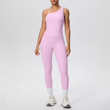 Slash Shoulder Strap Sports Vest High Waist Running Pocket Yoga Pants Fitness Set