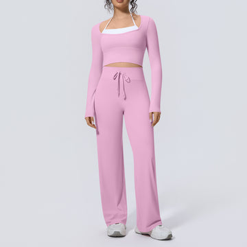 Naked Color Matching Long-sleeved Top Wide-leg Pants Fitness Clothes Yoga Set