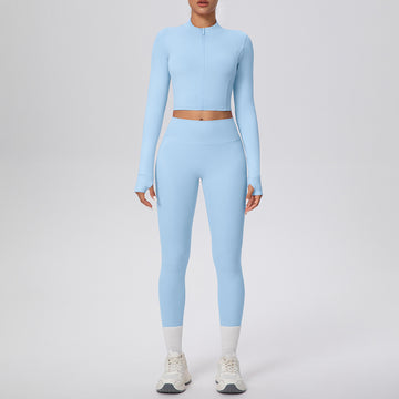 High Waist Nude Sports Thumb Hole Zipper Long Sleeve Yoga Set