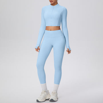 High Waist Nude Sports Thumb Hole Zipper Long Sleeve Yoga Set