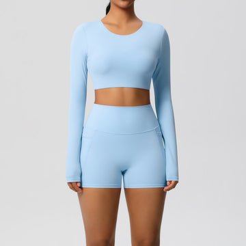 Long-sleeve Bra Pad Top Pocket Shorts, Outdoor Running Fitness Yoga Set