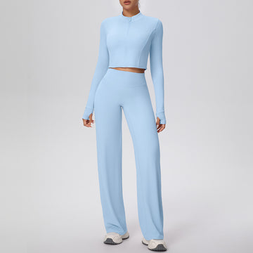 Naked Zipper Long-sleeved Sports Jacket Running Loose Straight Pants Yoga Set