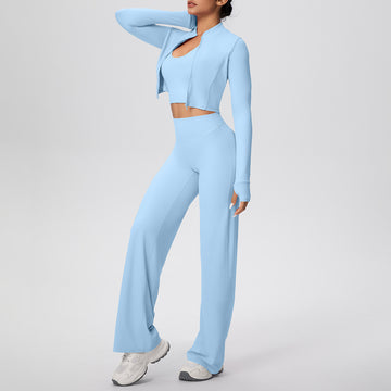 Sports Zipper Long Sleeve Jacket Neck Vest Loose Straight Pants Fitness Clothing Yoga Three-piece Set