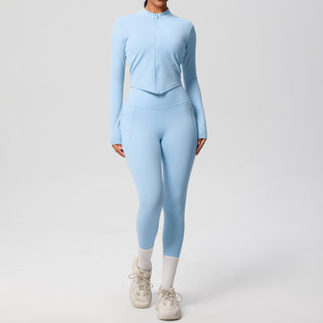 High Elastic Breathable Zipper Long Sleeve Jacket Skinny Shaping Yoga Suit Fitness Set