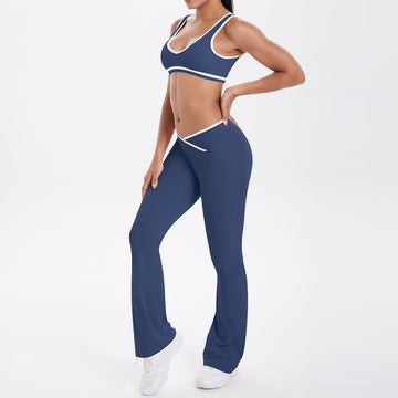 Naked Contrast Sports Bra High Waist Wide Leg Flared Pants Yoga Set