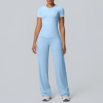 Naked Skin-friendly Sports Elastic Short-sleeved T-shirt High Waist Straight Pants Yoga Set