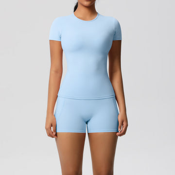 Skin-friendly Nude Tight Breathable Short-sleeved Pockets Trousers Yoga Set