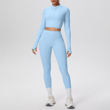 Naked Thumb Hole Zipper Long Sleeve Pocket Yoga Pants 2pcs Set