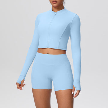 High Waist Nude Thumb Hole Zipper Long Sleeve Jacket Pocket Shorts Yoga Set