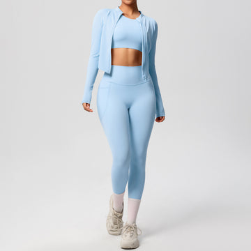Long Sleeve Sports Zipper Jacket Pocket Trousers Fitness Yoga Three-piece Set