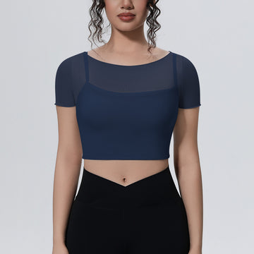 Mesh Fake Two-piece Sports T-shirt Short Sleeve Strap Chest Pad
