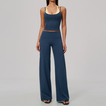 Fake Two-piece Neck Sling Vest High Elastic Breathable Quick-drying Wide-leg Pants Sports Set 2585
